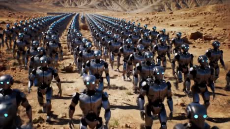 a vast legion of advanced robots marching across a rugged landscape, showcasing a futuristic military or exploration scenario in a distant terrain