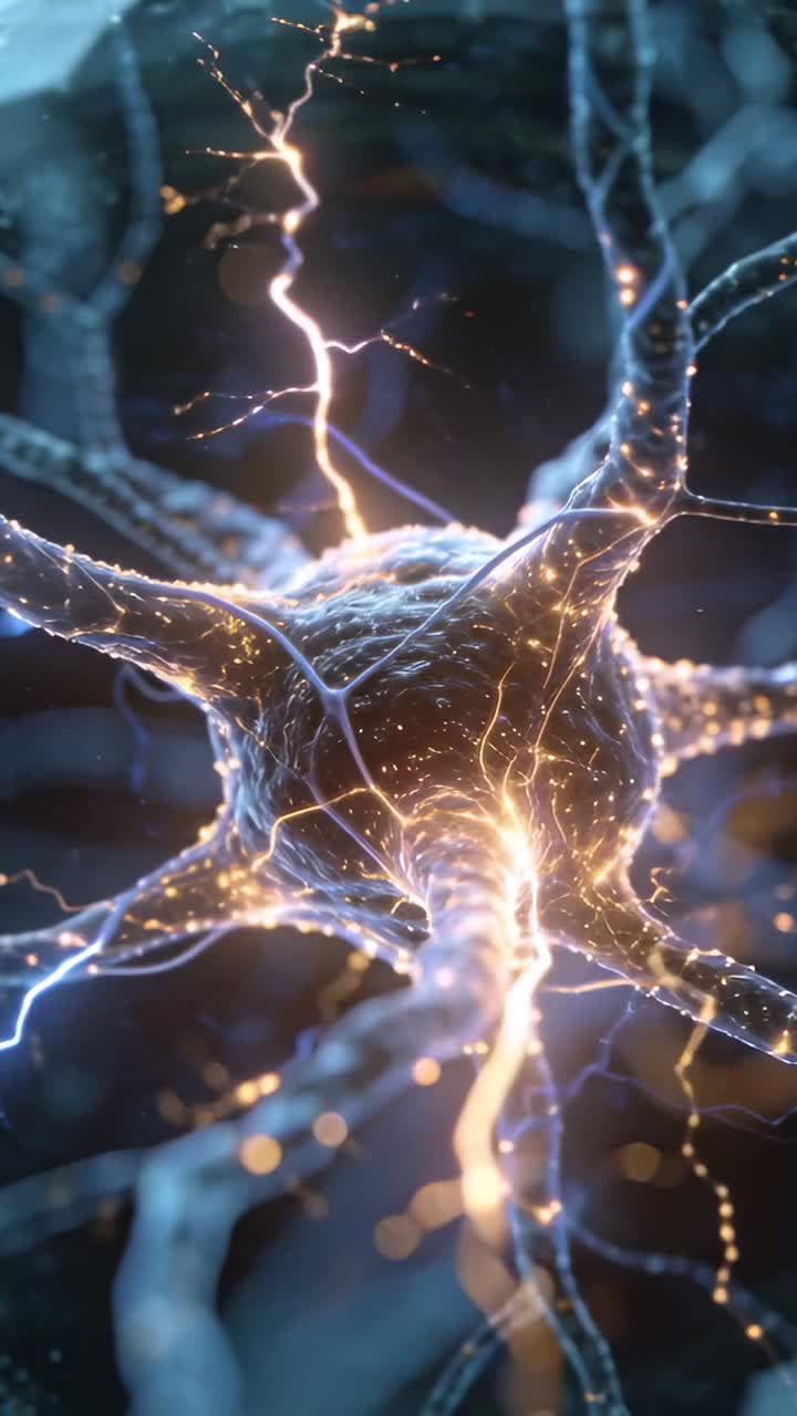 Close-up of a Firing Neuron with Electrical Impulses