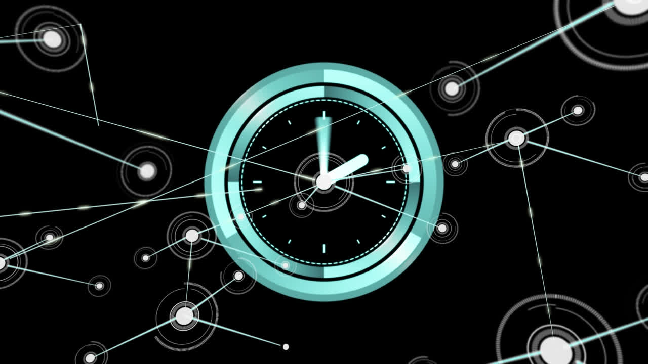 Animation of clock with rotating hands and network of connections on black background
