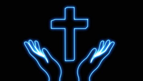 la cruz de jesucristo entre dos manos en azul neón