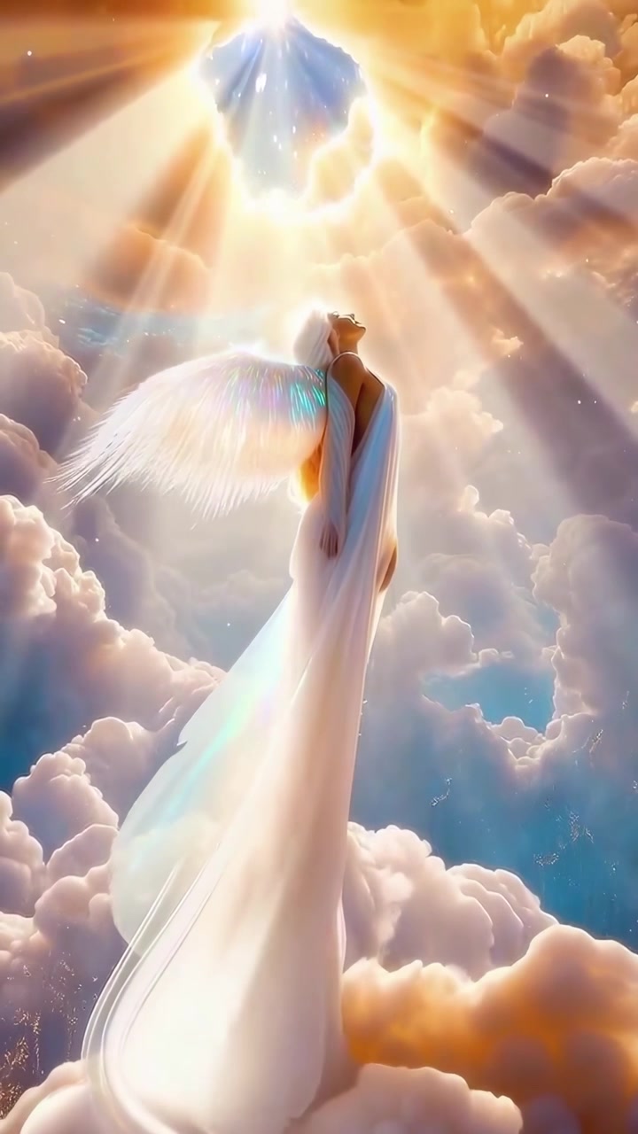 Ethereal Angel Ascending into Radiant Golden Light in the Clouds