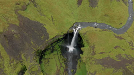Aerial:-Panormaic-view-of-Kvernufoss-waterfall-in-southern-Iceland