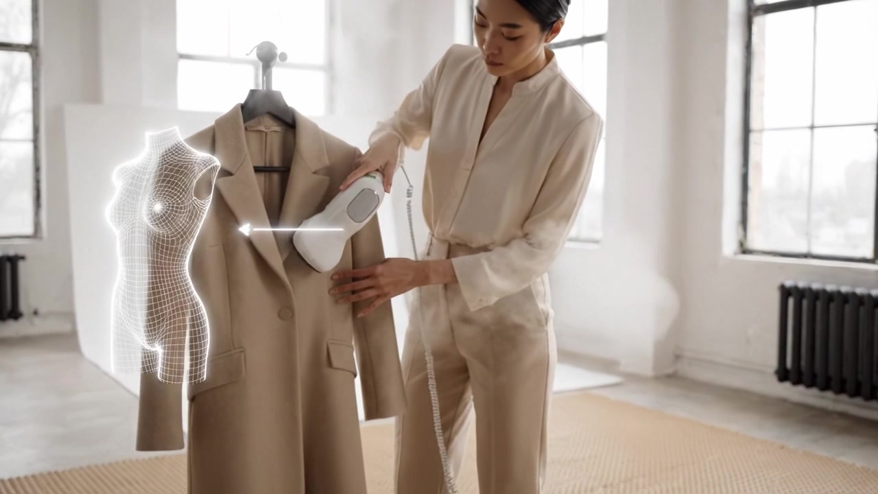 A woman steaming a beige coat on a mannequin in a bright, modern studio, showcasing the process of garment preparation and presentation with elegance.