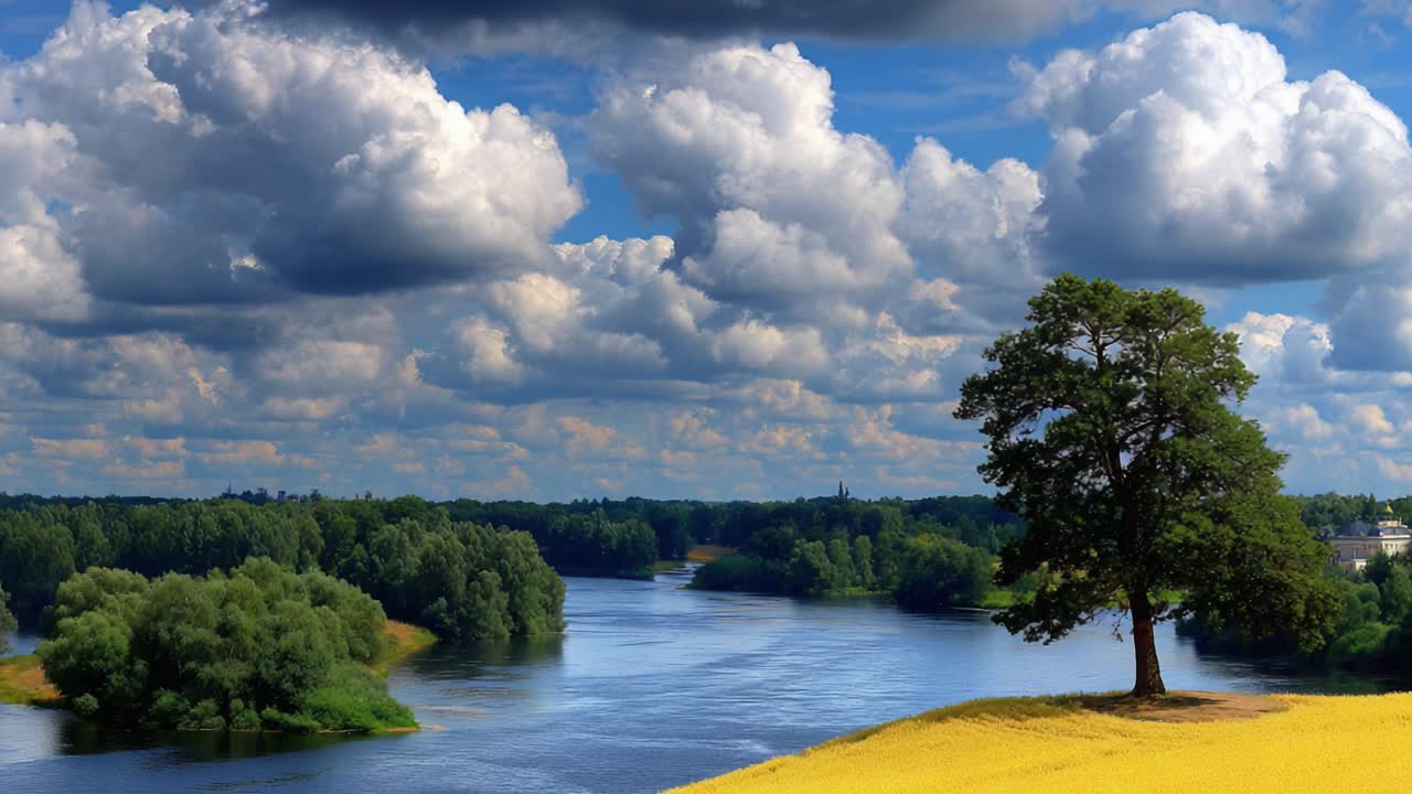 A Serene View of a Tranquil Riverbank with Lush Greenery and Majestic Clouds, Capturing the Beauty of Nature at Its Finest