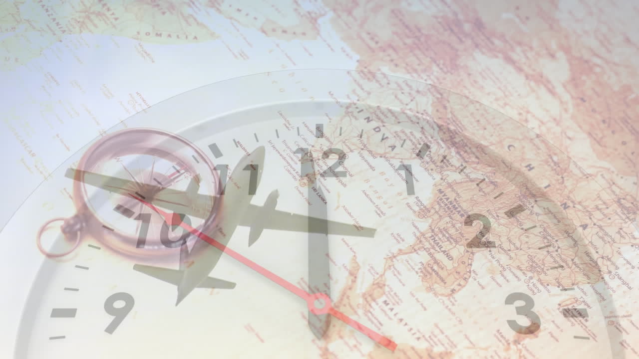 animación de reloj y brújula en el mapa sobre vista de ángulo bajo de avión volando contra el cielo
