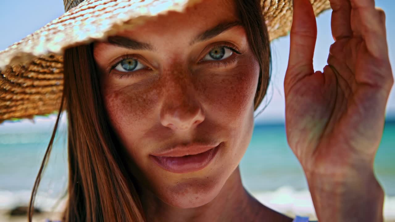 Close-up video shot of a woman in a straw hat on a sunny beach