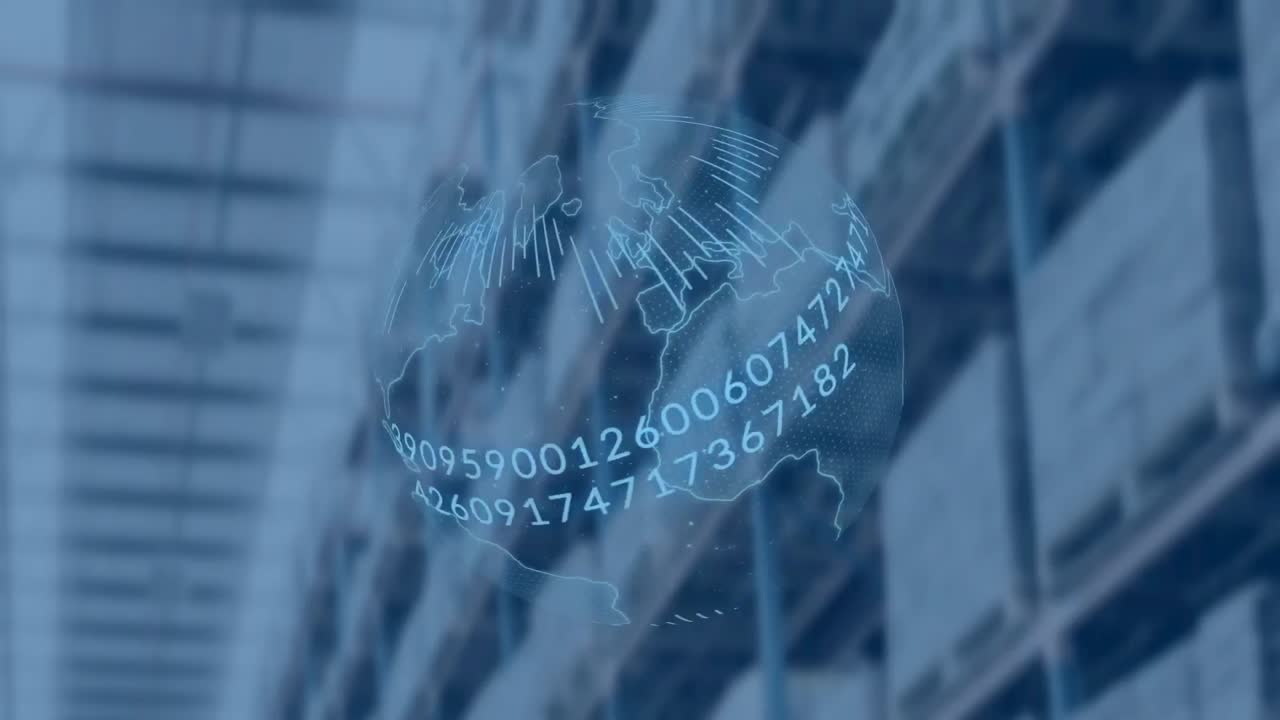 Digital animation of binary coding data processing over spinning globe against warehouse