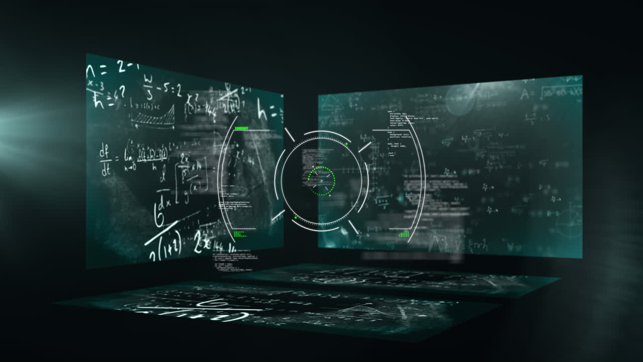 Animation of mathematical formulas on screens over black background
