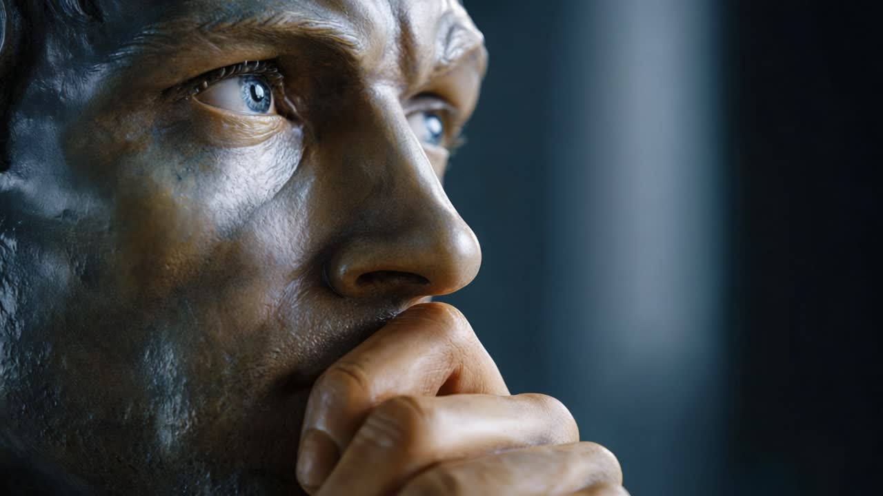 A detailed and contemplative close-up of a pensive sculpture, capturing the intricate features and emotions of a thoughtful figure in a serene setting