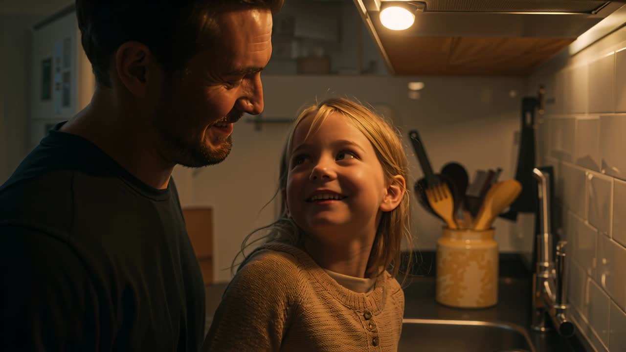 La luce sotto il mobile si accende, il padre versa con un cucchiaio nella ciotola al bancone, servendo il bambino con un maglione beige.