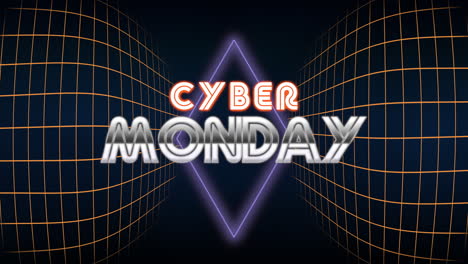 Texto-De-Cyber-Monday-Con-Diamante-De-Neón-Retro-Y-Cuadrícula-En-Degradado-Negro