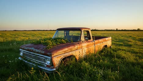 a vintage pickup truck overrun by nature in a serene field at sunset, showcasing the beauty of abandonment and the passage of time
