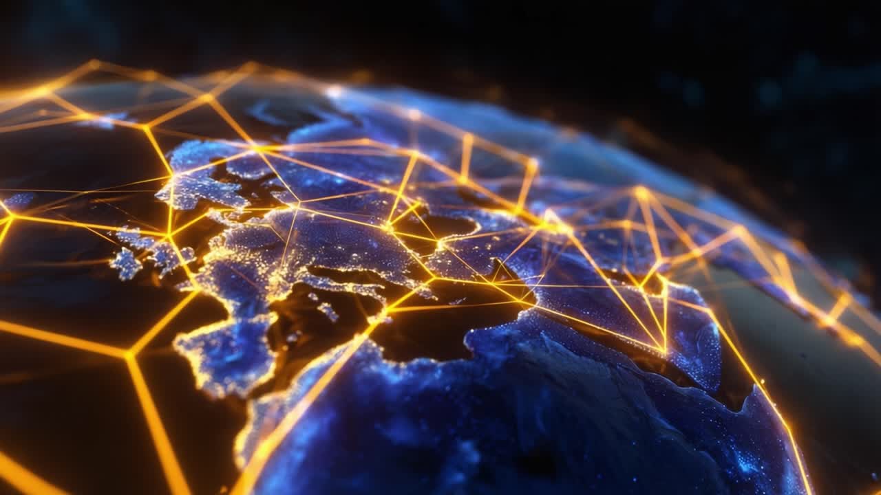 Global digital network flows across glowing blue Earth. Golden connections highlight continents, showing worldwide data links. Perfect for tech, business, or global communication projects