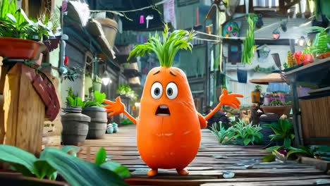 a cartoon carrot is standing in the middle of a street