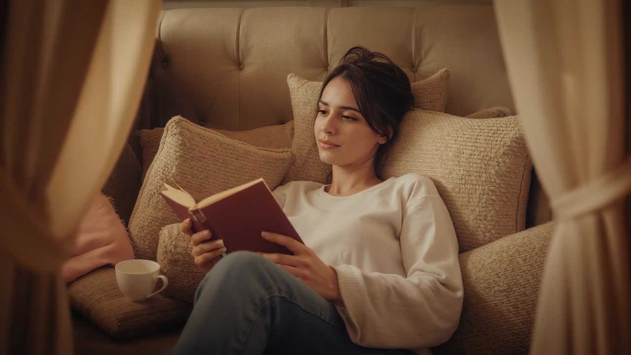 Mujer abriendo un libro de tapa dura, con suéter y vaqueros, acomodándose en un rincón con cortinas, relajándose cerca de una taza.