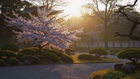 beautiful japanese garden with cherry blossoms at sunrise/sunset