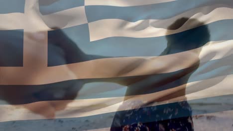 animation of waving greece flag over group of friends on the beach