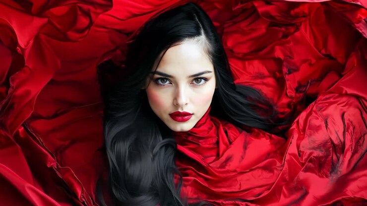 A woman with long black hair and red lipstick is surrounded by red fabric