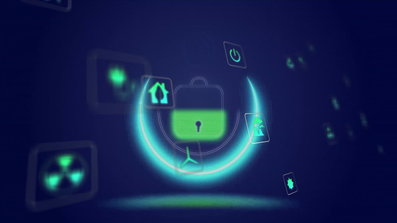 Lock and security icons with data protection animation over dark blue background