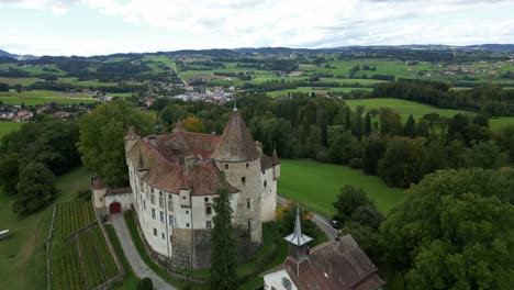aerial view of a stunning swiss chateau and vineyard