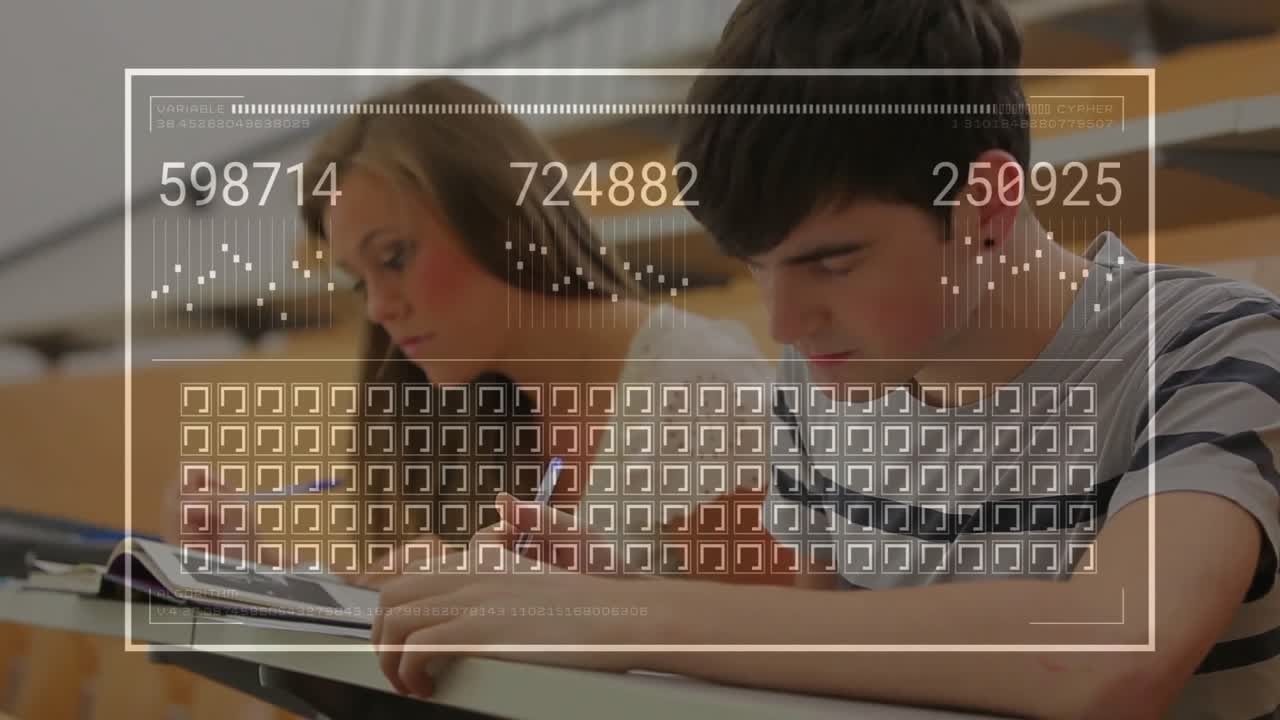 Female student and male peer writing notes for lecture as HUD overlay appearing animating graphs