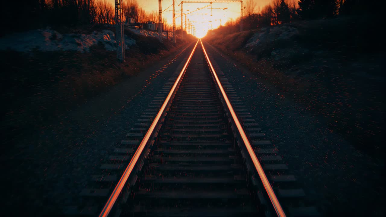 Tracking camera moving along rail tracks as sun sinking to horizon, capturing orange glow on rails