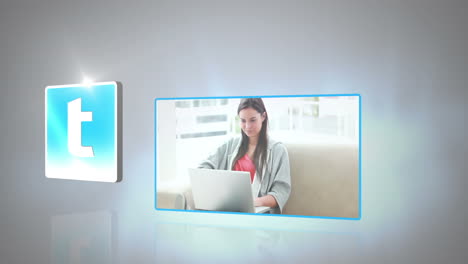 montaje de símbolos de redes sociales con clips de niñas con dispositivos de medios