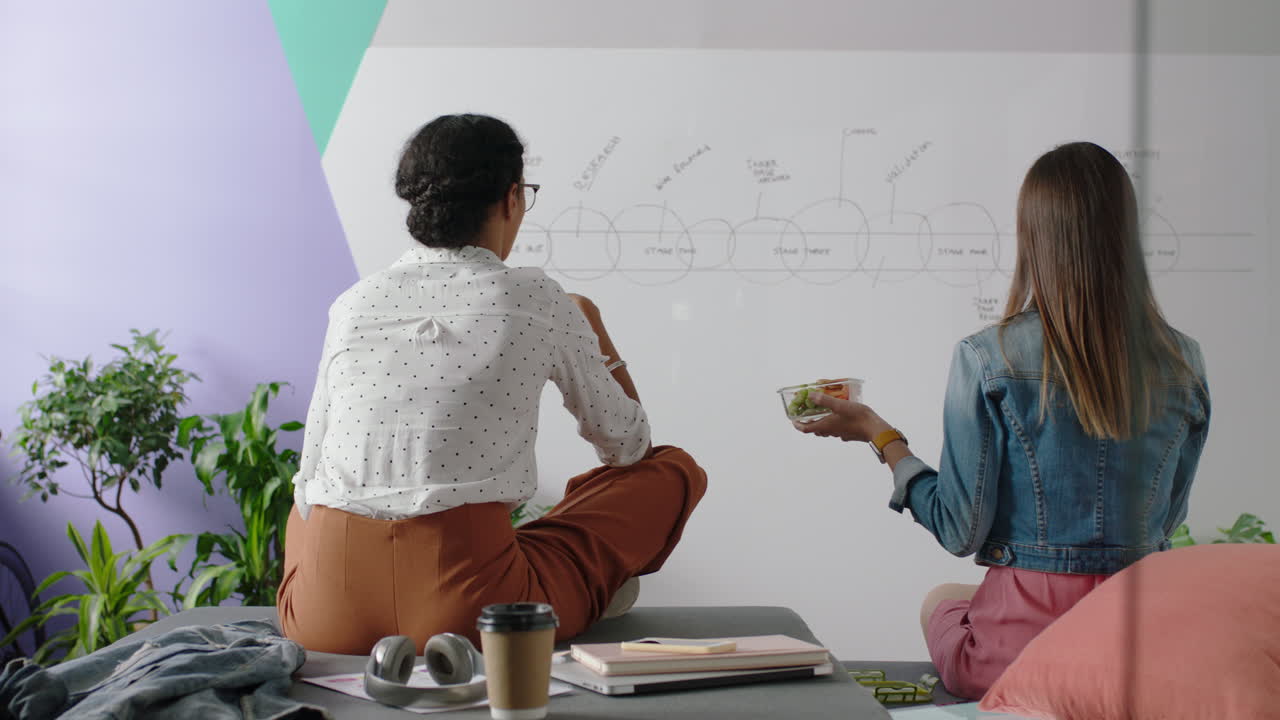 mujeres de negocios creativas haciendo una lluvia de ideas trabajando juntas en la fecha límite del proyecto discutiendo ideas en la pizarra planificando una estrategia exitosa señalando la solución disfrutando del almuerzo en la oficina