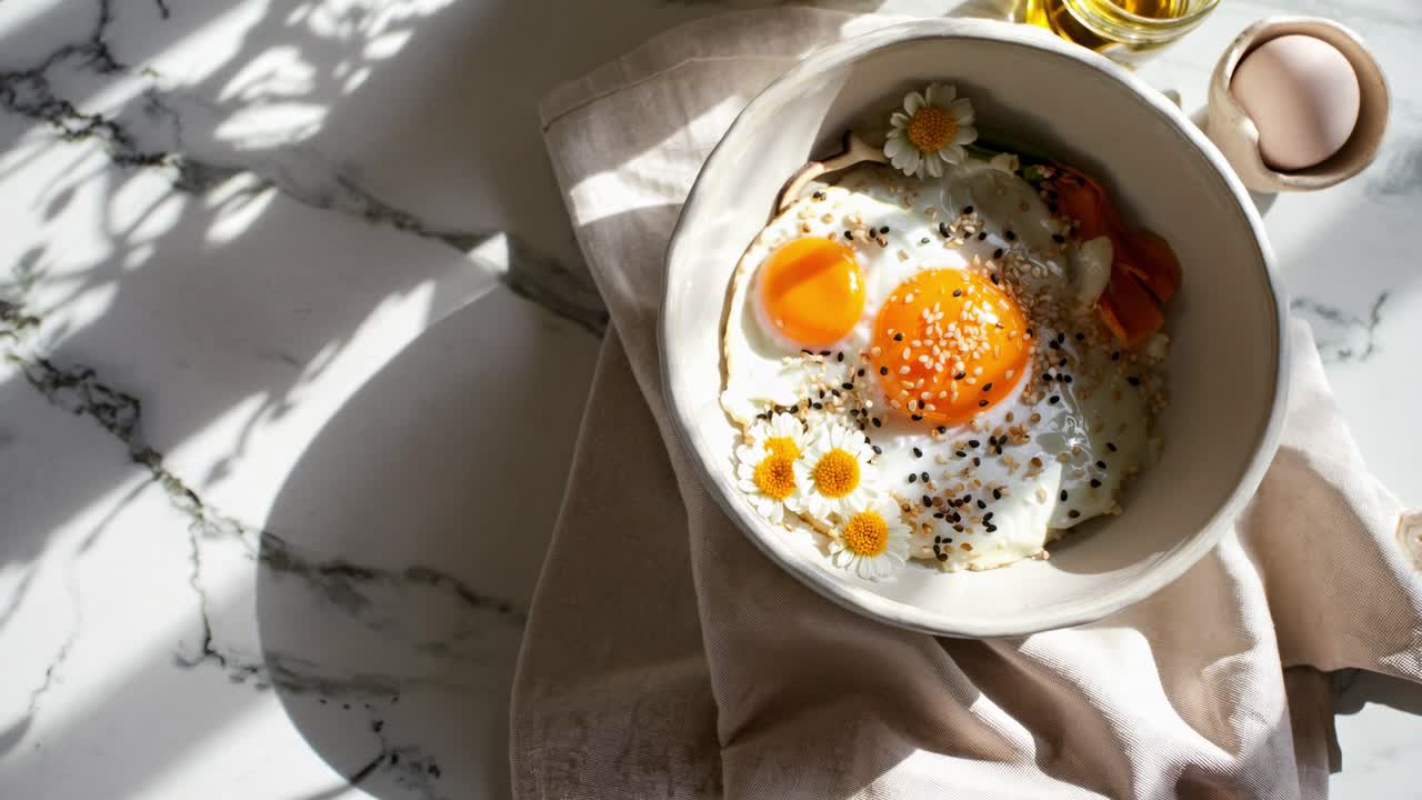 Healthy breakfast featuring fried eggs sprinkled with sesame seeds, accompanied by fresh vegetables and daisies, resting on marble surface under soft natural illumination