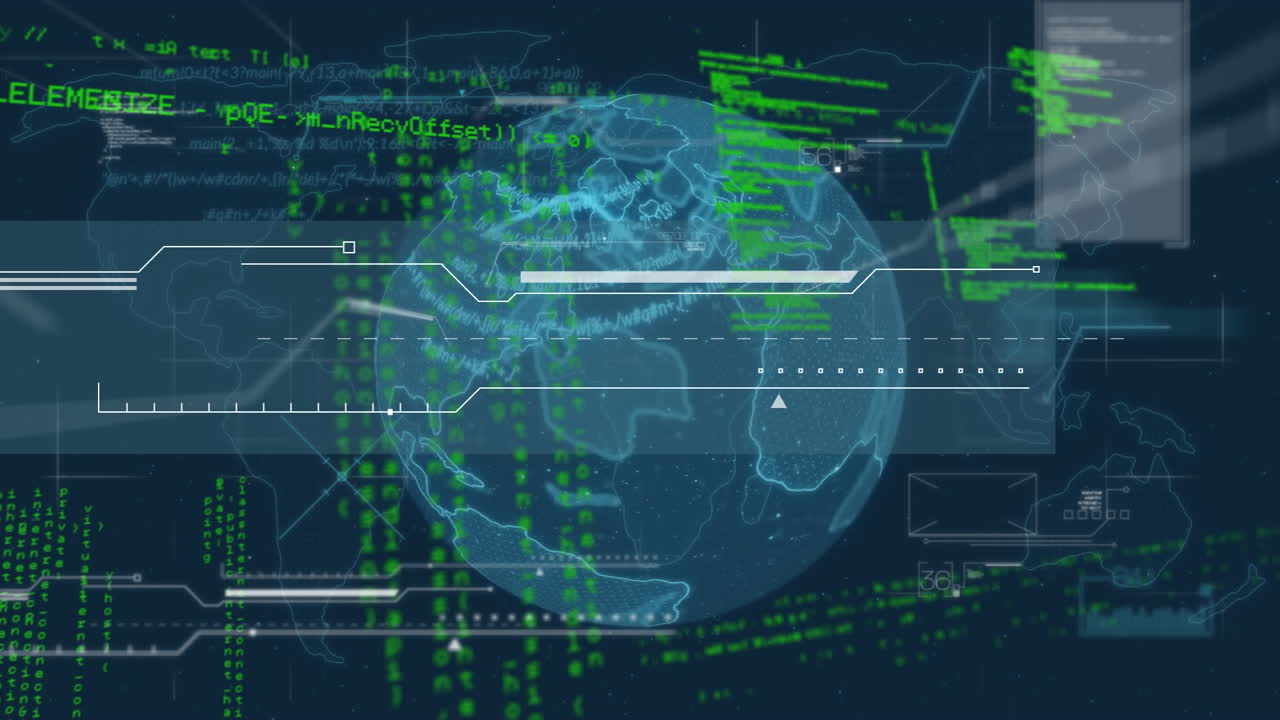 Animation of data processing and globe over gird