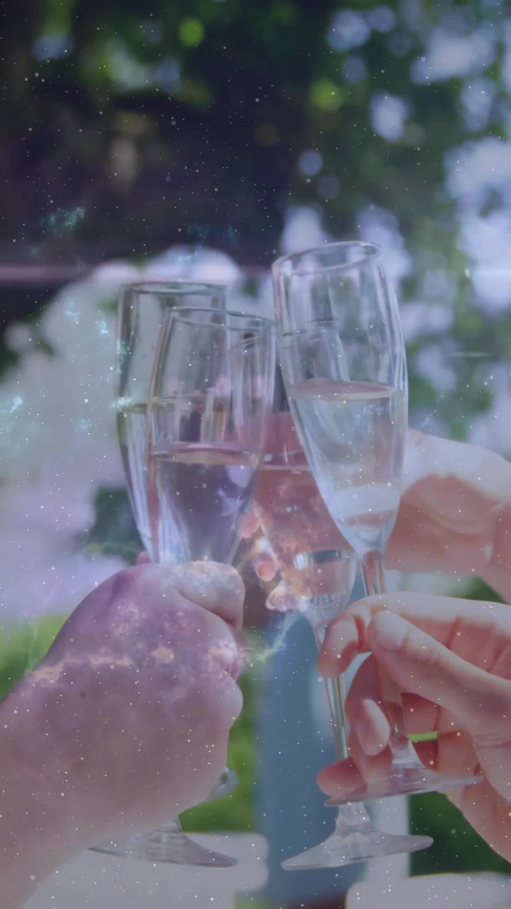 Vertical video: Woman taking flute at event, group toasting, starry overlay glowing on stems