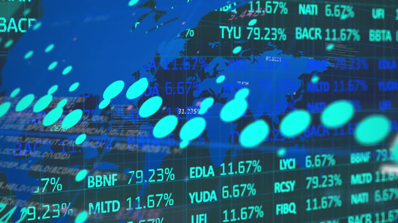 Animation of graph with numbers over trading board and map against black background
