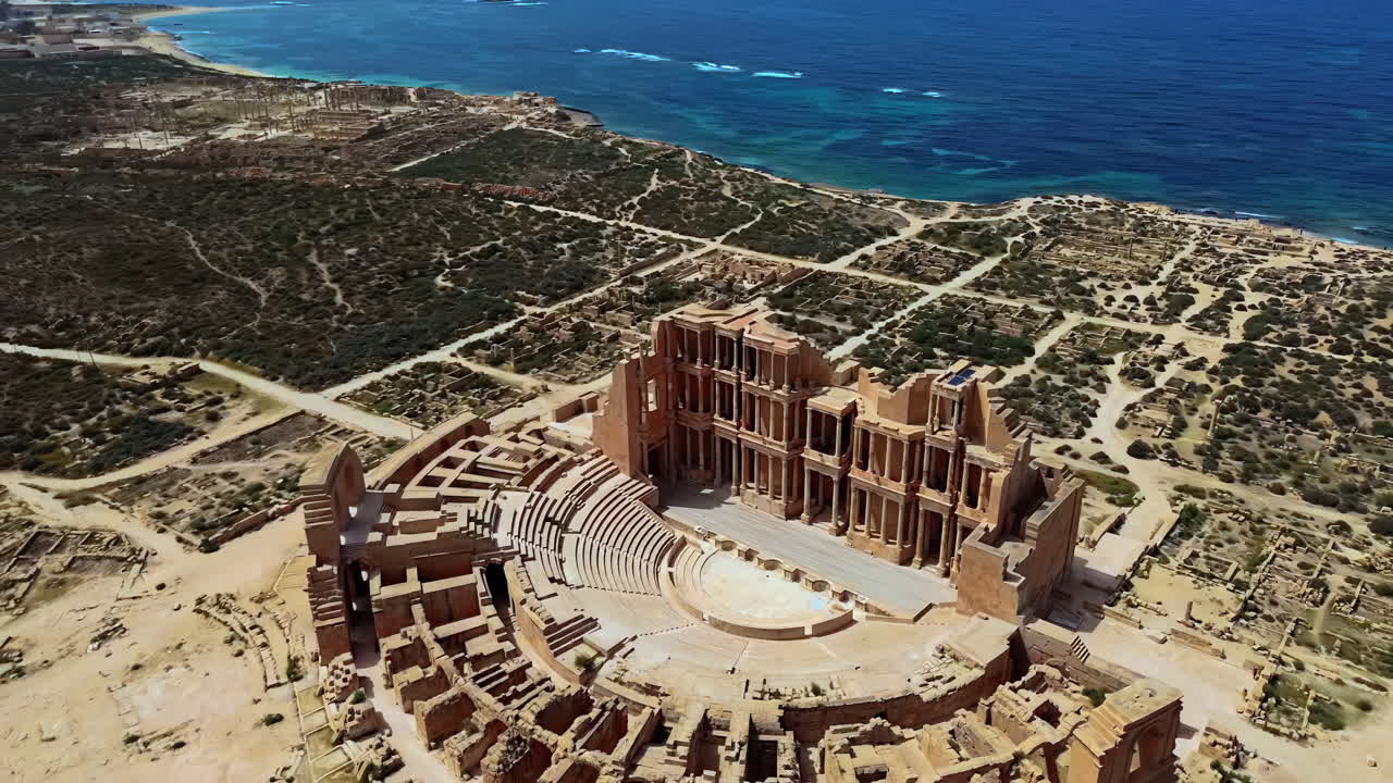 Aerial drone view of the Roman Theatre of Sabratha, one of Libya's most iconic archaeological sites