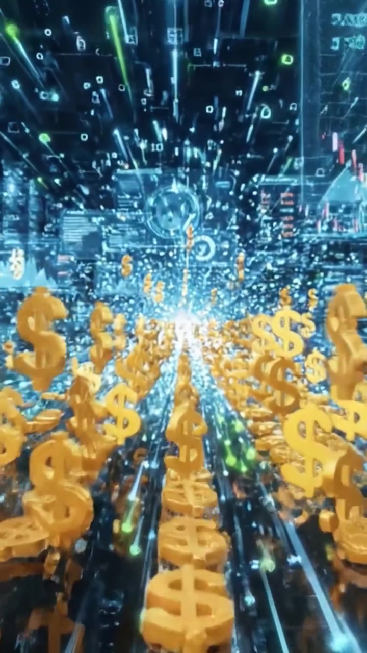 Esplorando il flusso dinamico della valuta digitale: un viaggio visivo attraverso una rete immersiva di simboli del dollaro scintillanti e flussi di dati in aumento.
