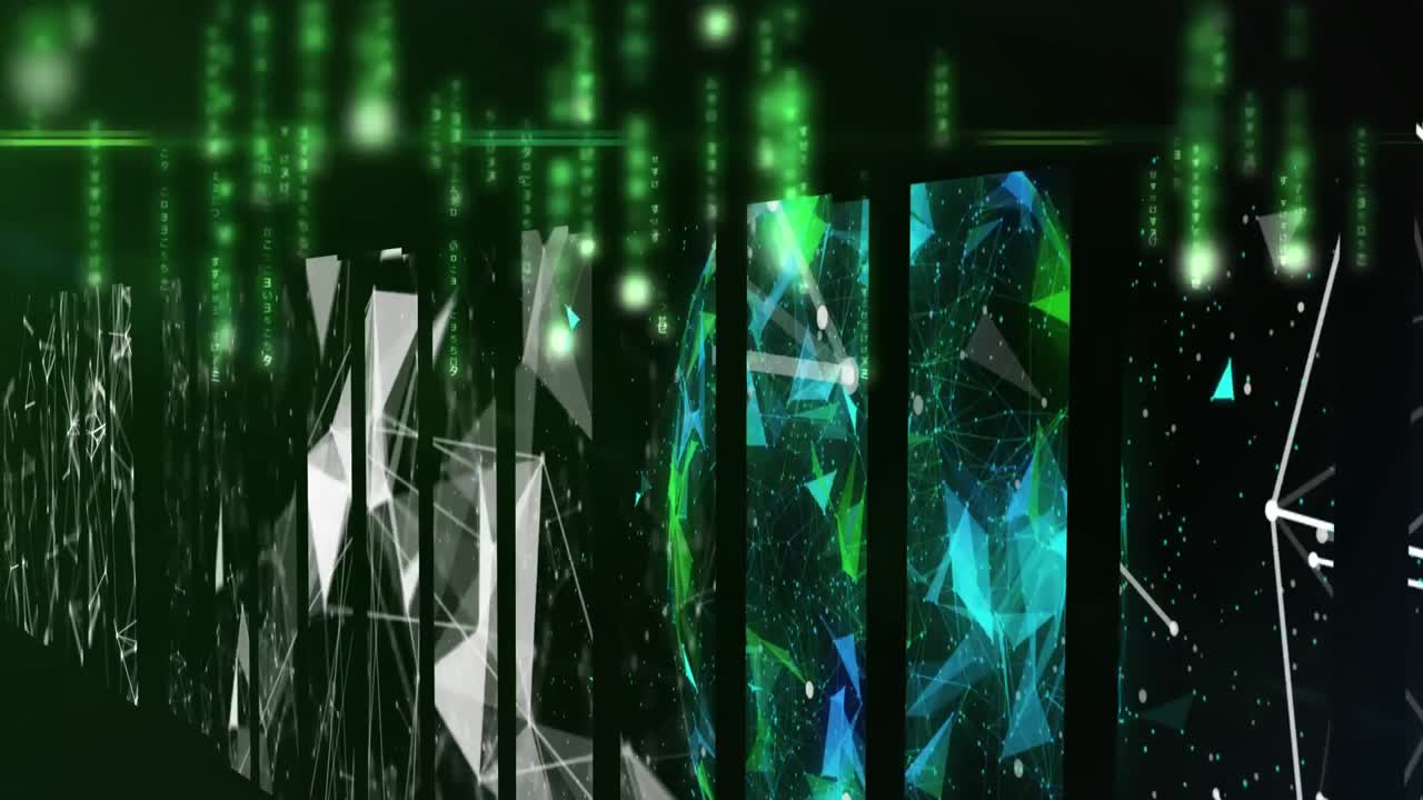 Multiple screens showing colourful webs connections over green data processing