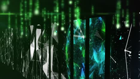 Multiple-screens-showing-colourful-webs-connections-over-green-data-processing
