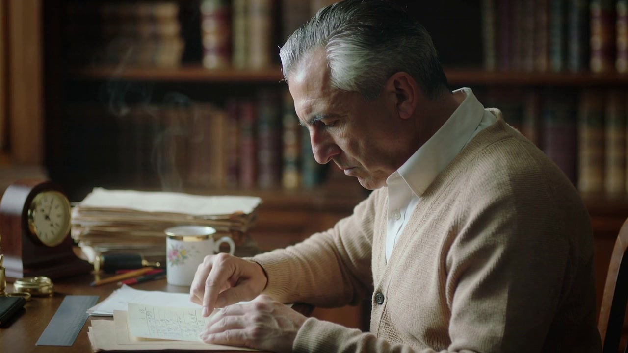 Leaning, senior man wearing tan sweater marking papers at desk with steaming mug, mantel clock