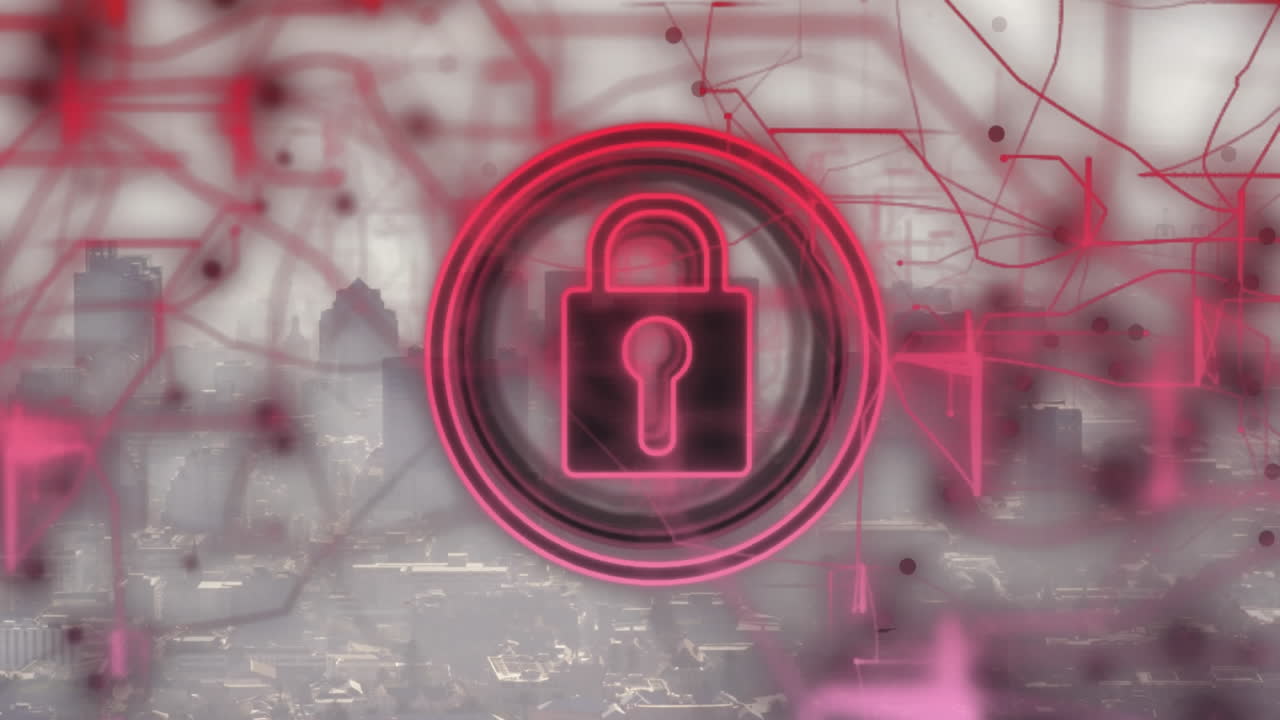 animación de un candado en círculo con líneas sobre una vista aérea del paisaje urbano