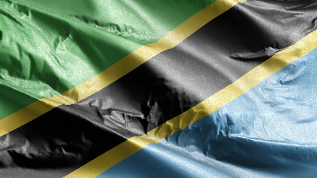 Tanzania textile flag waving on the wind loop. Tanzanian banner swaying on the breeze. Fabric textile tissue. Full filling background. 10 seconds loop.