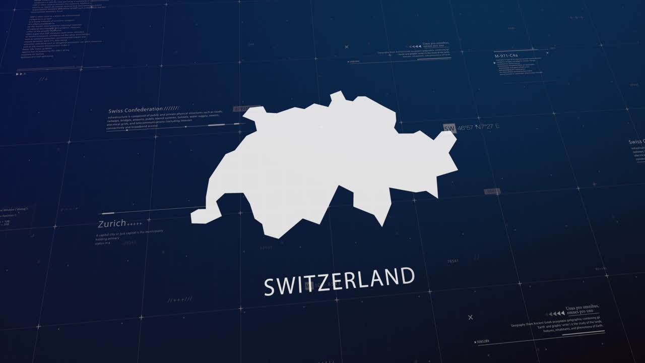 Switzerland country map comes to life with cinematic panning, unveiling key details, the capital, and slogan, providing an engaging background for corporate and commercial use