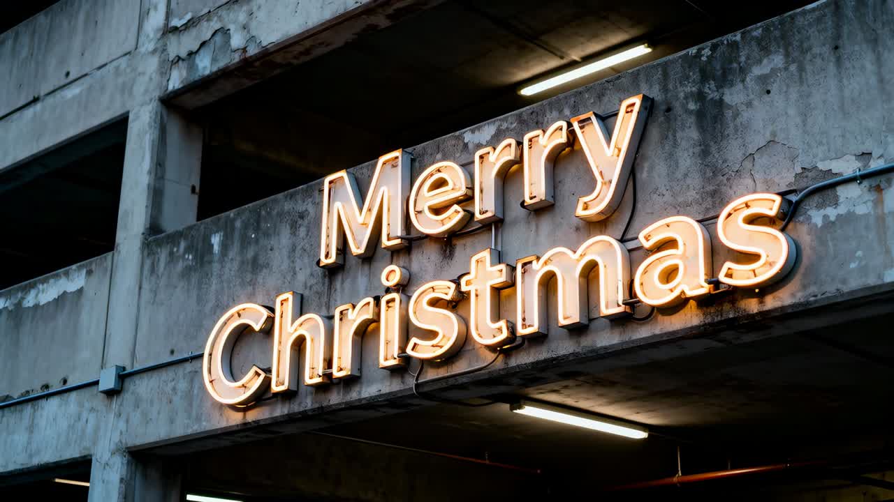 Insegna luminosa del canale di Buon Natale che illumina la facciata del parcheggio al crepuscolo per l'esposizione delle feste
