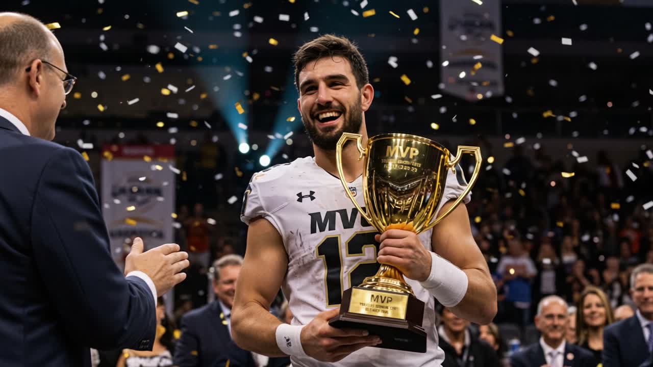 Celebrating Victory: Player Receives MVP Trophy Amidst Confetti and Cheers, Highlighting Achievement in Sports and Dedication to the Game