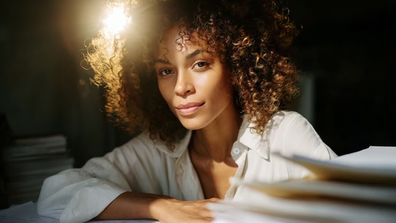 Un momento contemplativo catturato in una luce soffusa, che mostra una donna persa nei suoi pensieri, con capelli ricci illuminati da un delicato sfondo luminoso, enfatizzando la sua espressione serena e la bellezza della quieta riflessione
