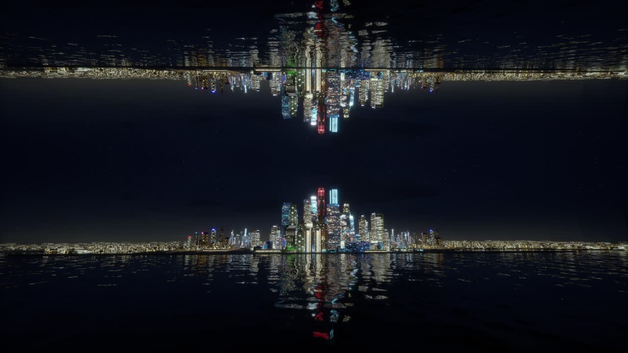 Dual Cityscapes Reflected On Water At Night, Upside Down World