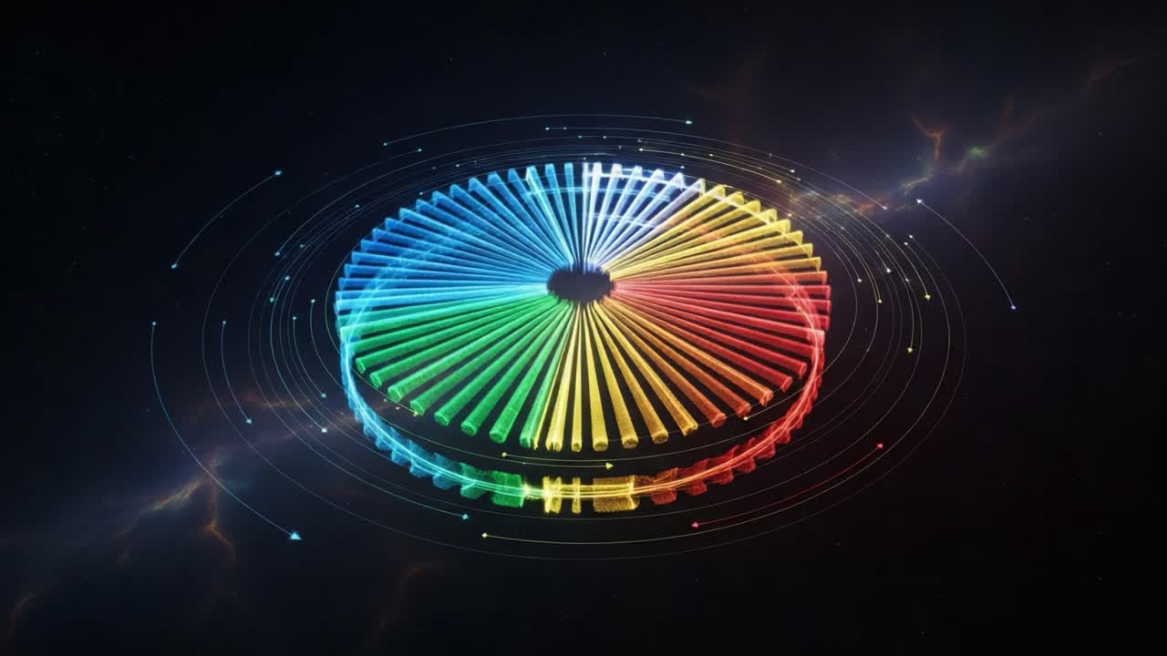 A Stunning Visual Representation of Light and Color Dynamics Featuring a Rotating Circular Spectrum in a Cosmic Background