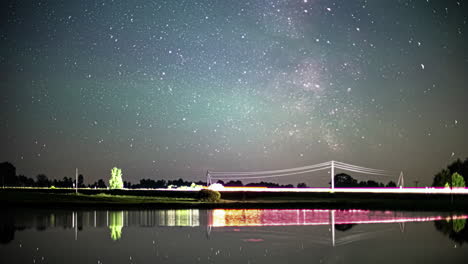 static shot of traffic on the highway along lakeside at night time in timelapse