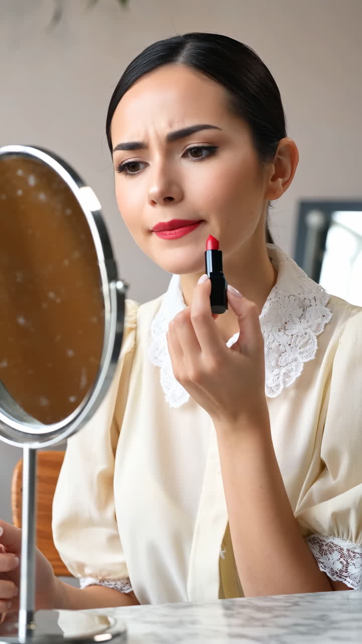 mujer aplicando lápiz labial rojo delante de un espejo