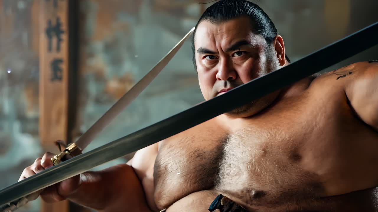 두 개의 검을 손에 들고 있는 남자