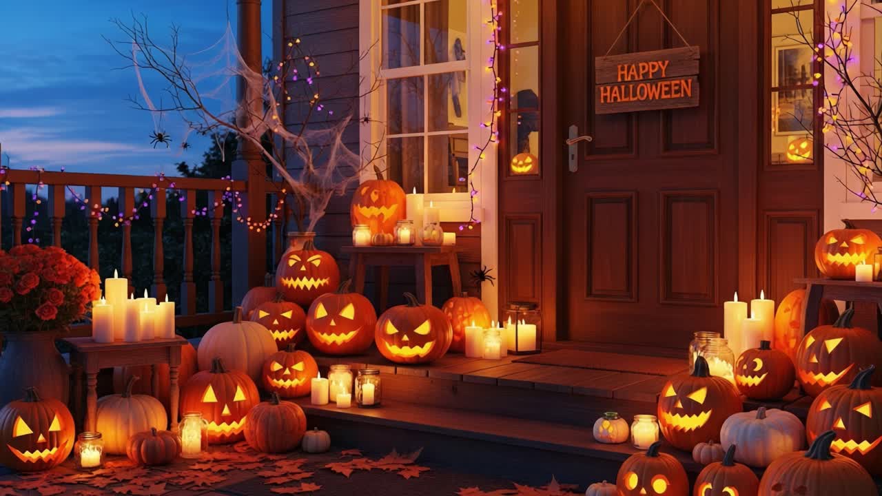 A Spooky Halloween Scene: Glowing Jack-o'-Lanterns and Flickering Candles Create a Festive Atmosphere on a Cozy Porch Decorated for the Holiday