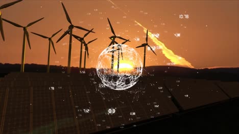 wind turbines and white globe with data